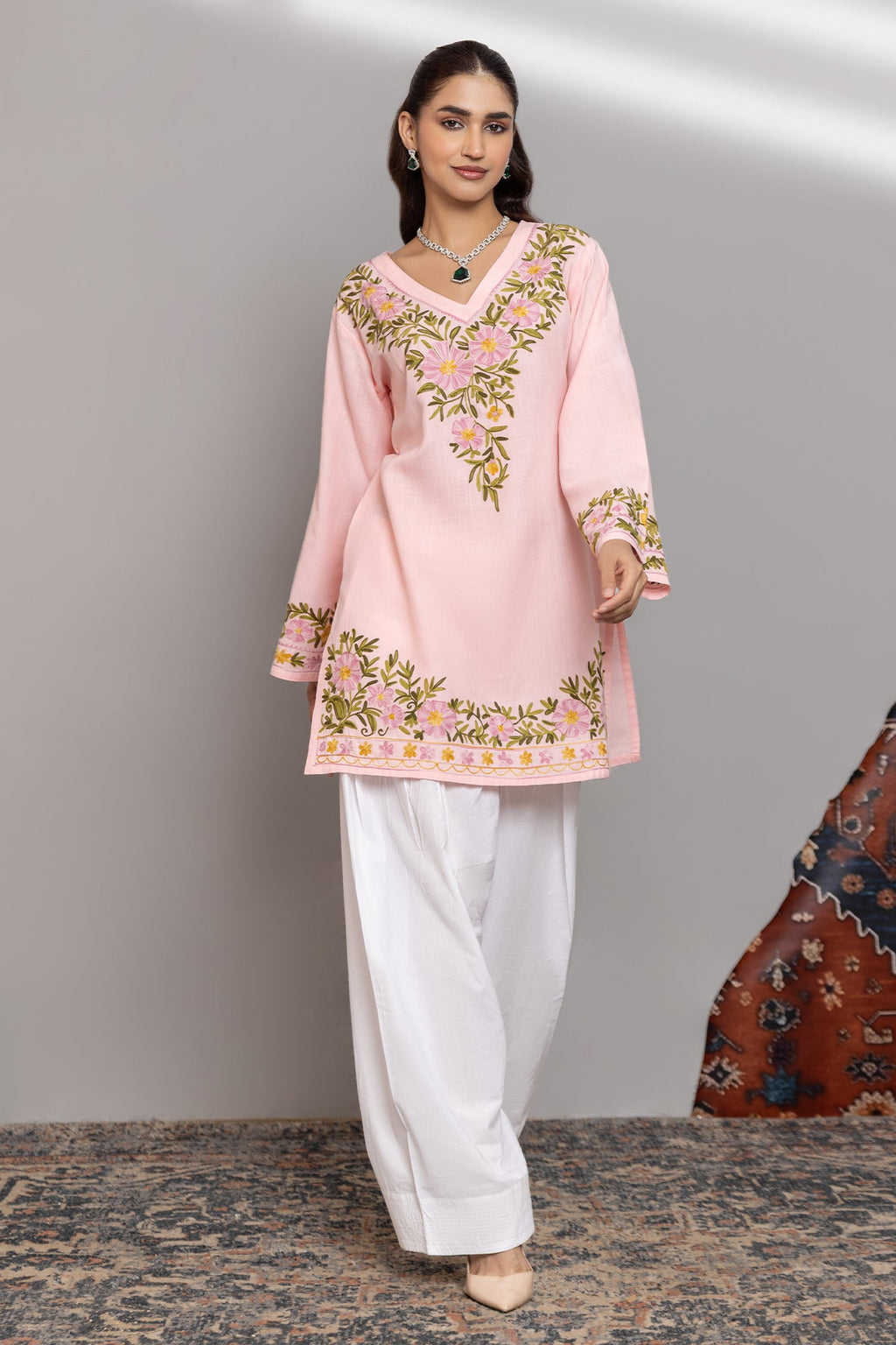 Neha x HOK in Cotton Kashmiri Aari Short Kurta - Pink