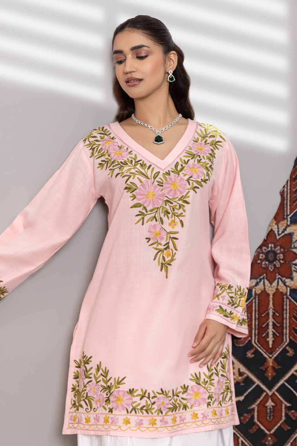 Neha x HOK in Cotton Kashmiri Aari Short Kurta - Pink