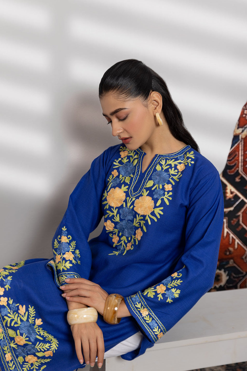 Cotton Long Kurta in Kashmiri Aari - Blue
