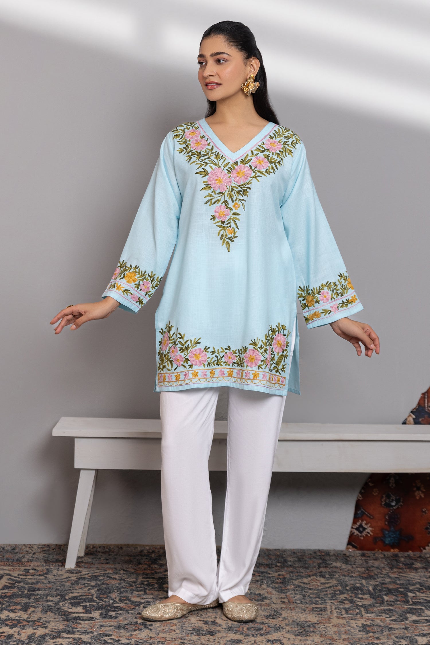 Shefali In Cotton Kashmiri Aari Short Kurta - Light Blue