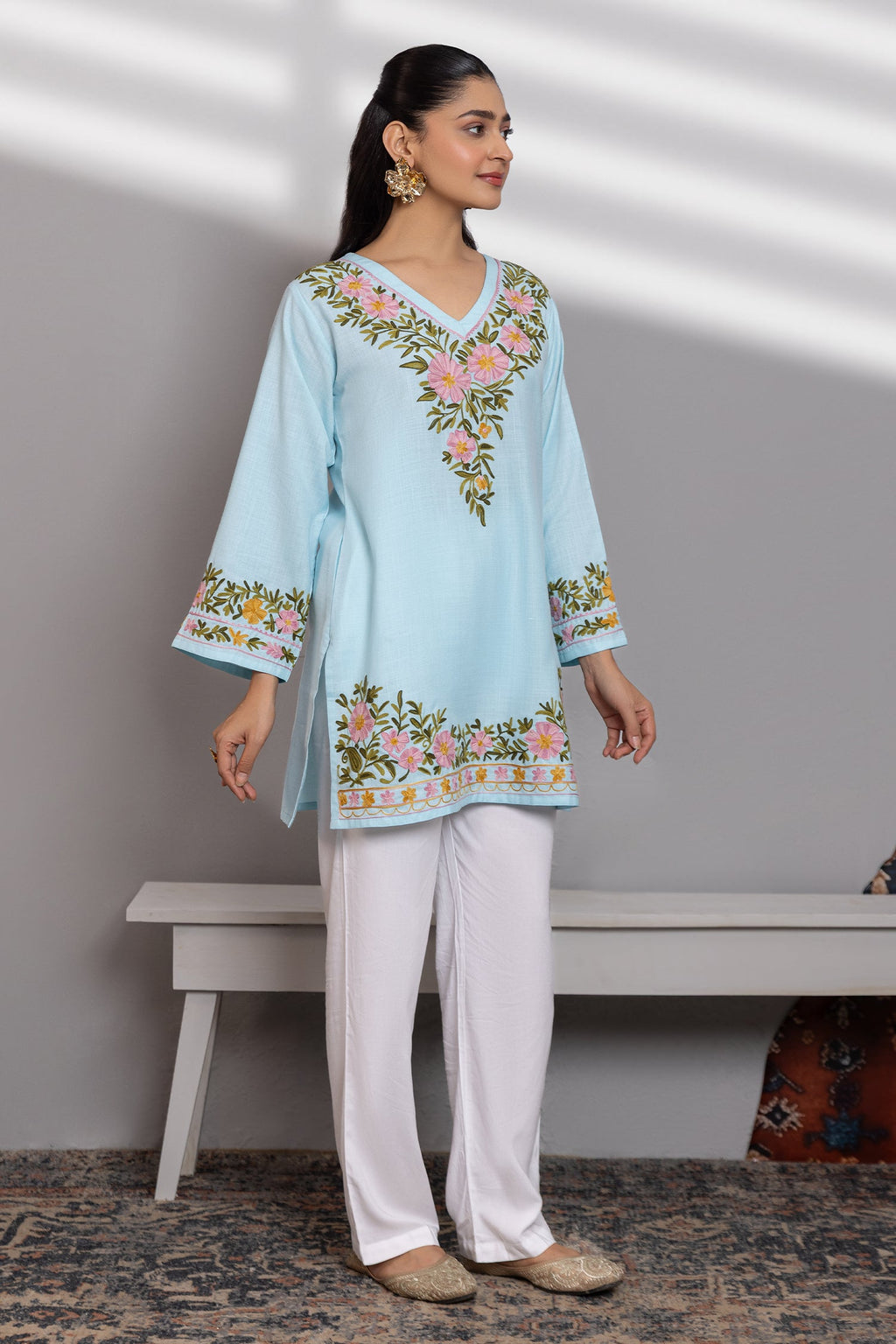 Priyanka x HOK in Cotton Kashmiri Aari Short Kurta - Light Blue