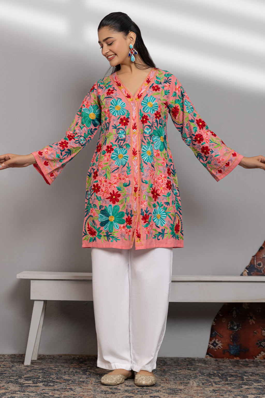 Cotton Kashmiri Aari Jacket - Pink