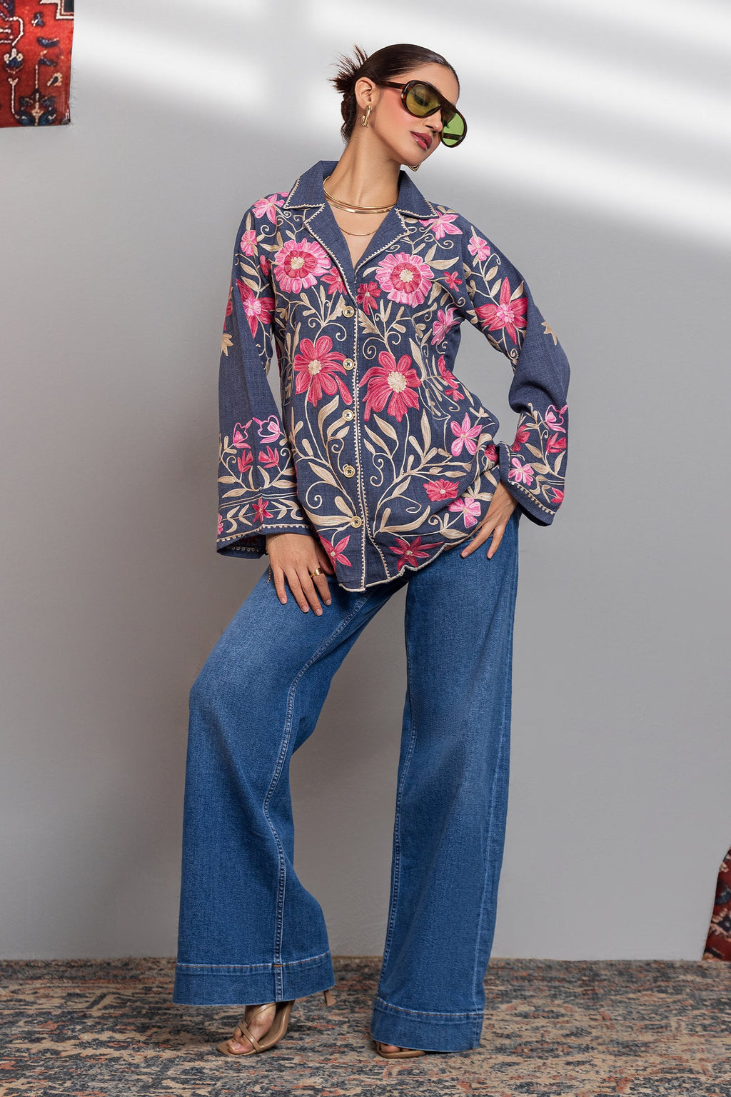 Denim Cotton Kashmiri Aari Short Jacket