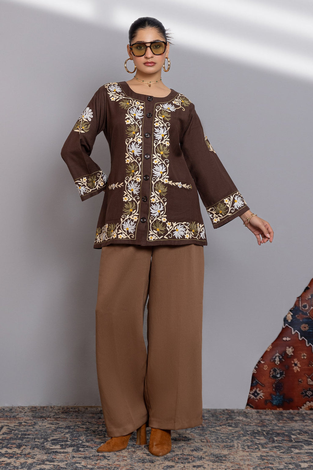 Cotton  Kashmiri Aari Jacket- Brown