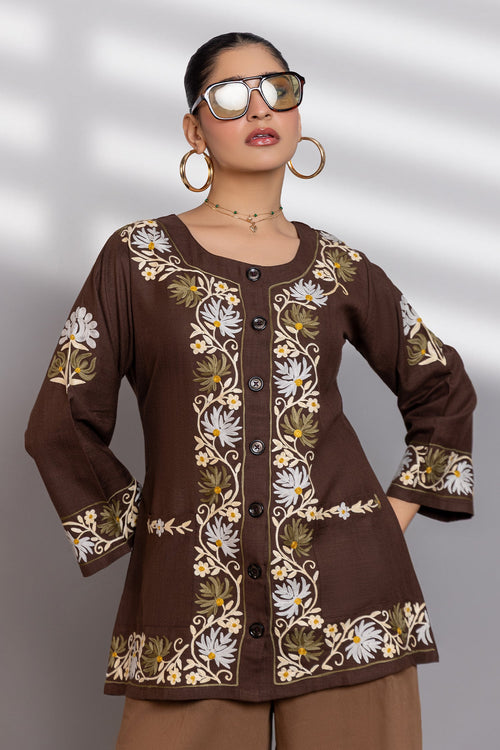 Cotton  Kashmiri Aari Jacket- Brown