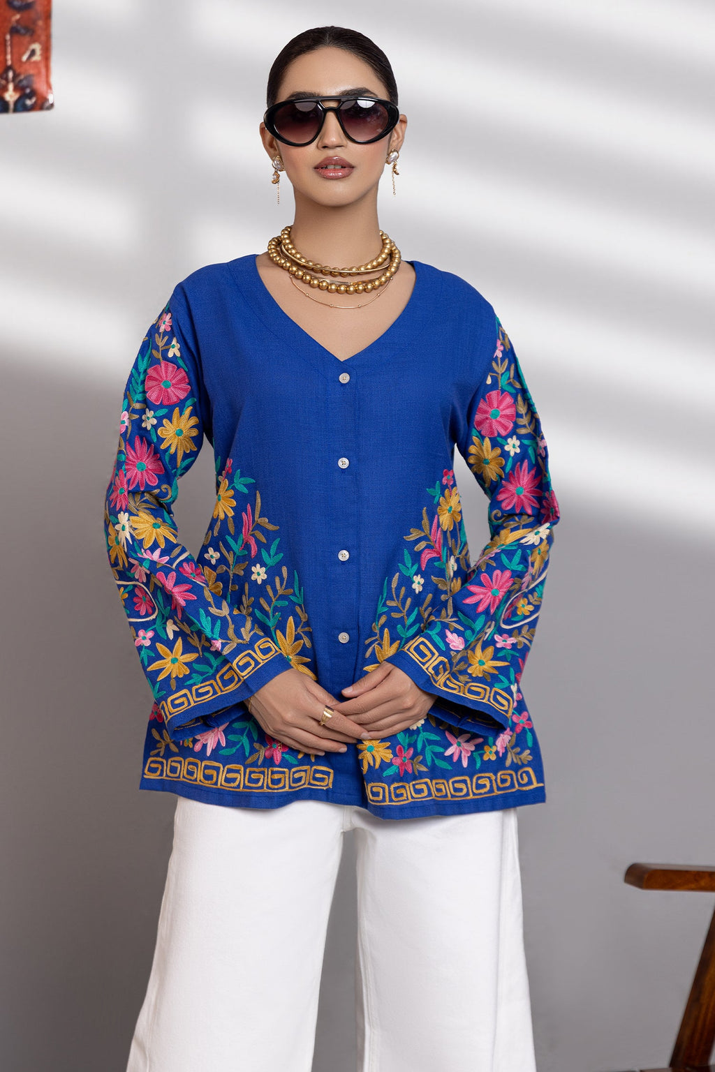 Cotton Kashmiri Aari Short Jacket - Blue