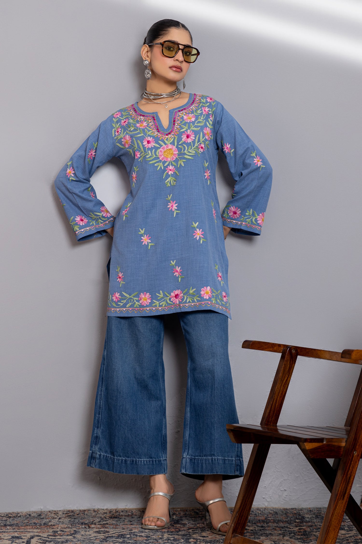 Kaashwi In Denim Cotton Kashmiri Aari Short Kurta - Denim Blue