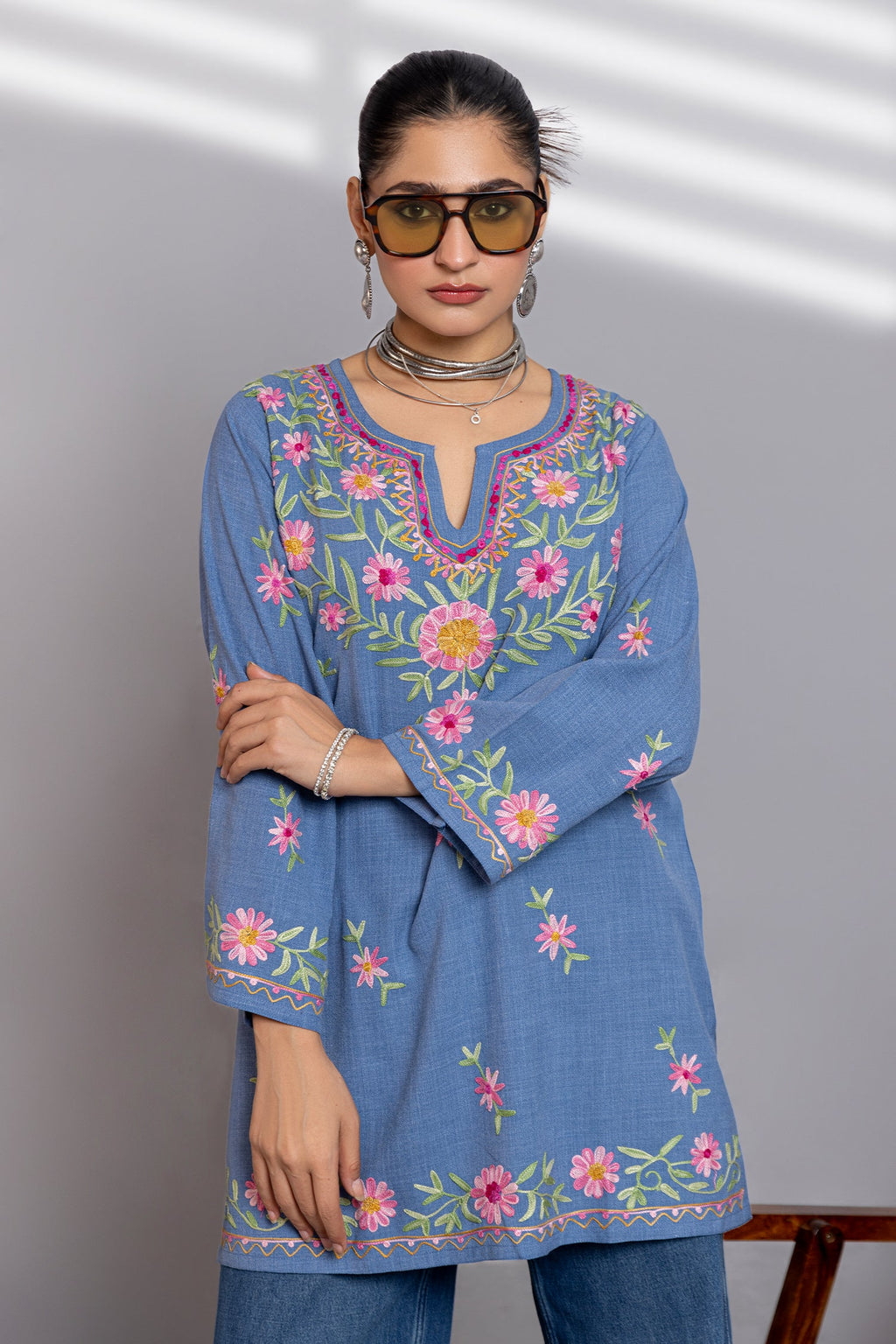Kaashwi In Denim Cotton Kashmiri Aari Short Kurta - Denim Blue