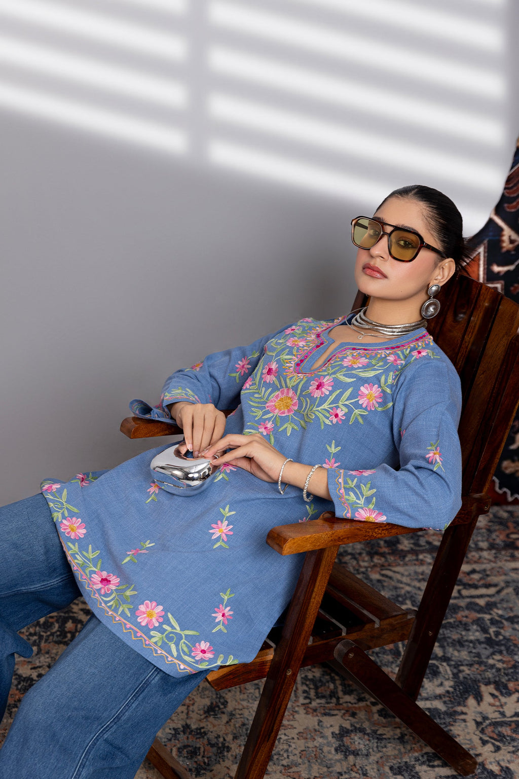 Kaashwi In Denim Cotton Kashmiri Aari Short Kurta - Denim Blue