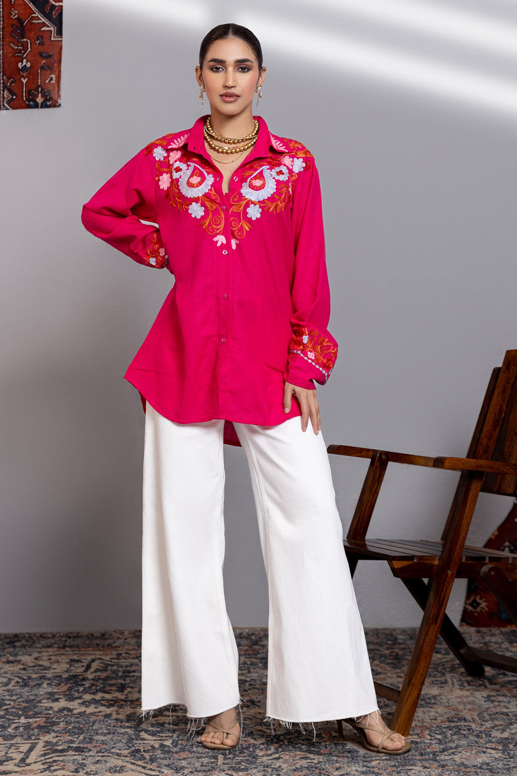Cotton Kashmiri Aari  Shirt - Pink