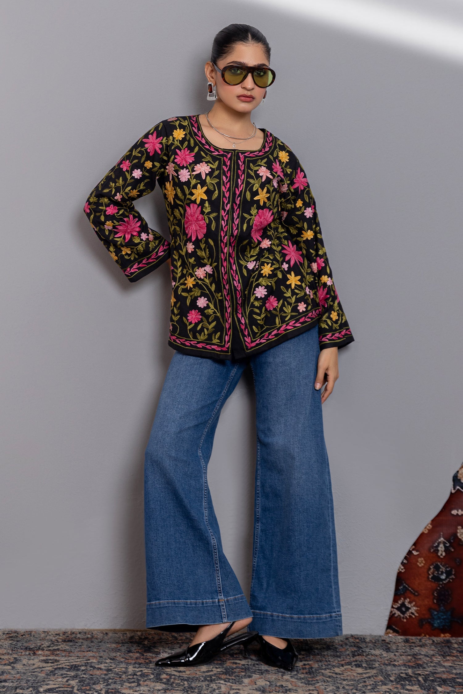 Cotton Kashmiri Aari Short Jacket - Black