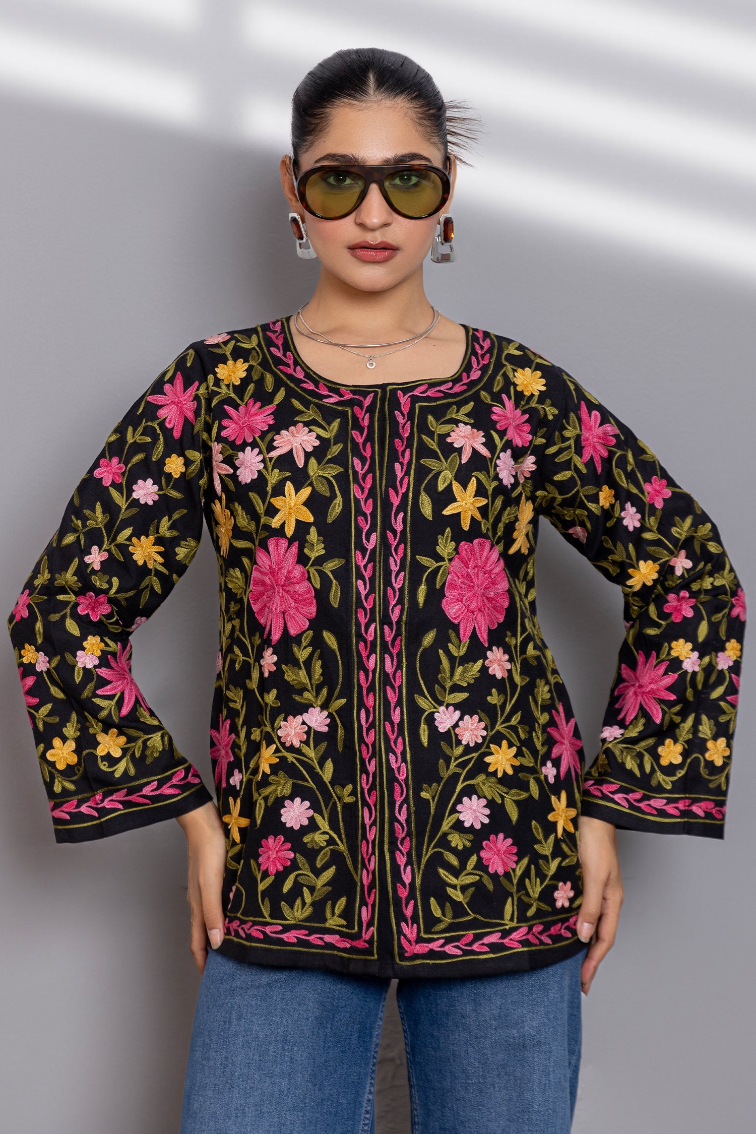 Cotton Kashmiri Aari Short Jacket - Black