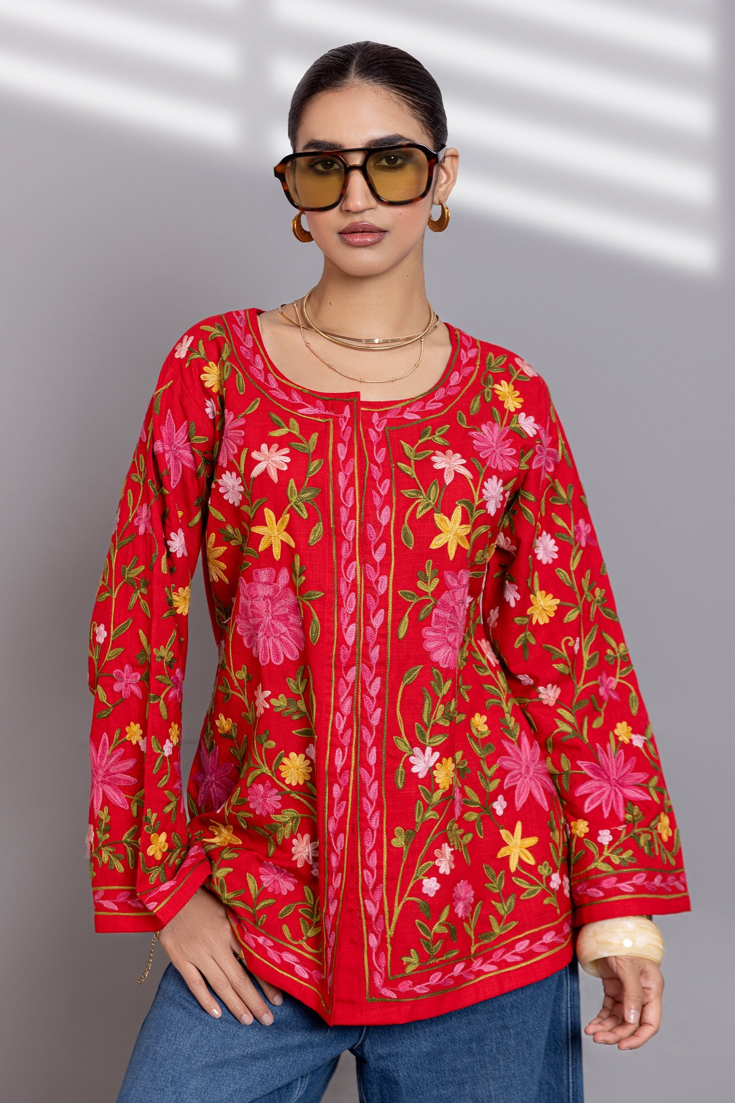 Shikha In Cotton Kashmiri Aari Short Jacket - Red