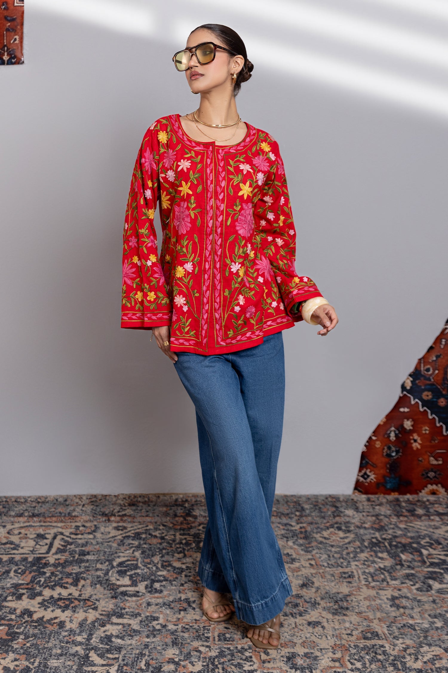 Shikha In Cotton Kashmiri Aari Short Jacket - Red