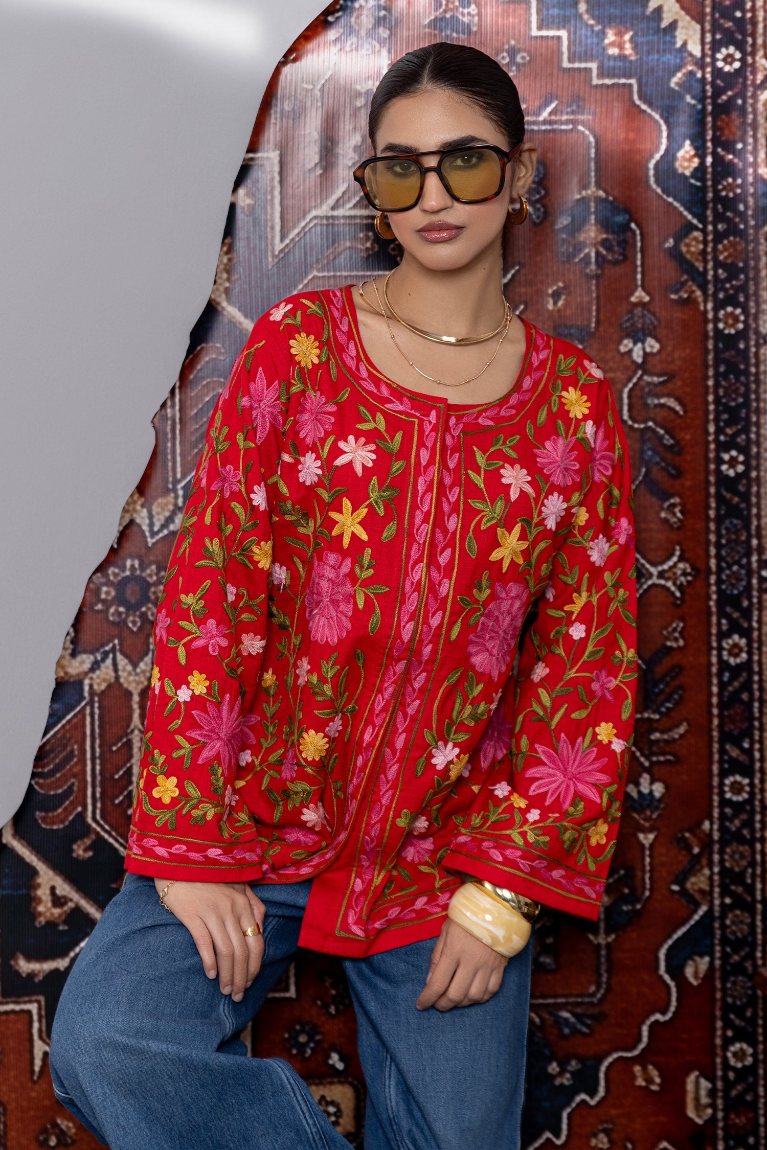 Shikha In Cotton Kashmiri Aari Short Jacket - Red