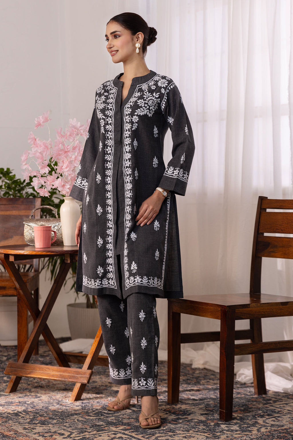 Denim Cotton Chikankari Kurta Set - Charcoal Grey
