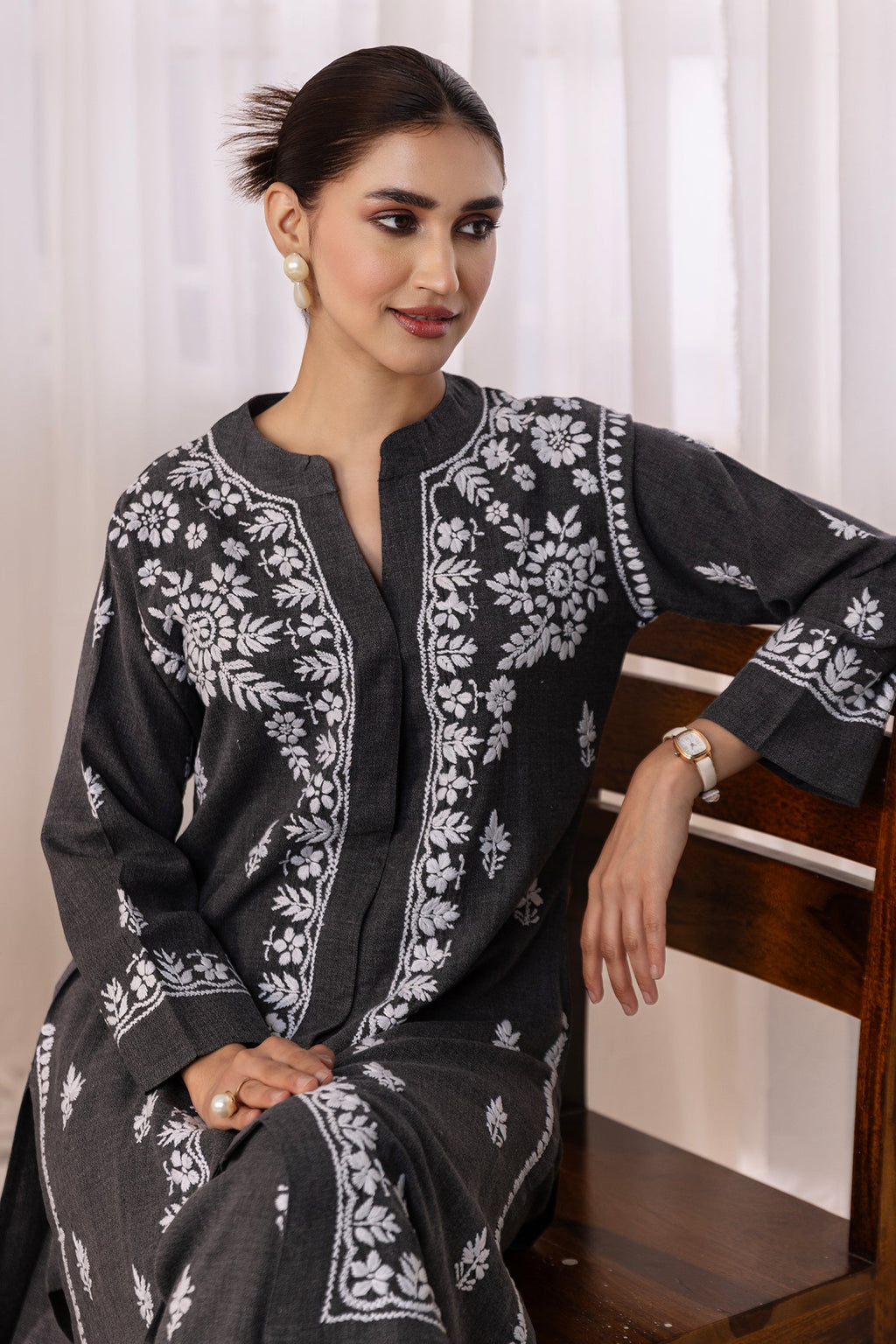 Denim Cotton Chikankari Kurta Set - Charcoal Grey