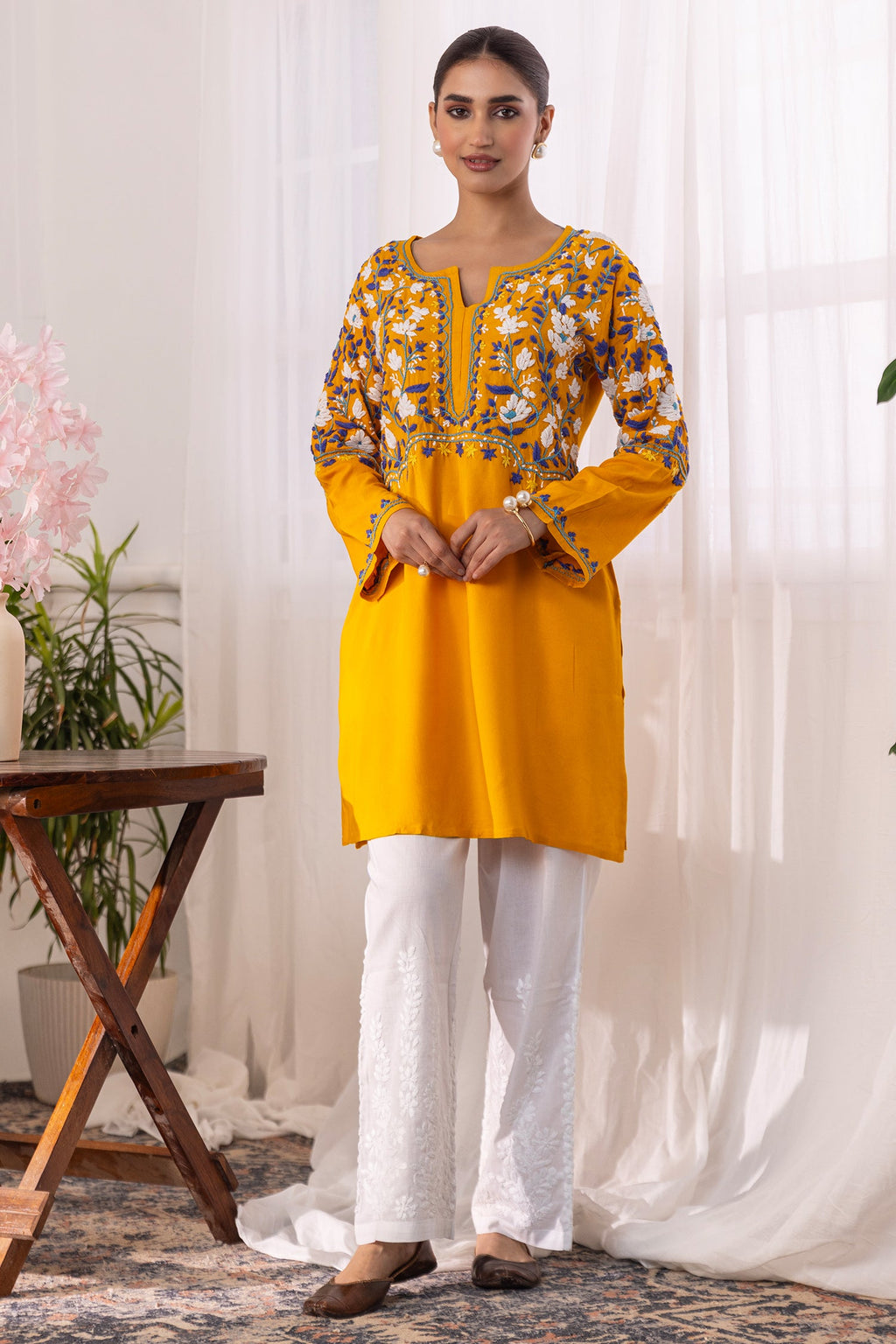 Rayon Chikankari Short Kurta - Mustard