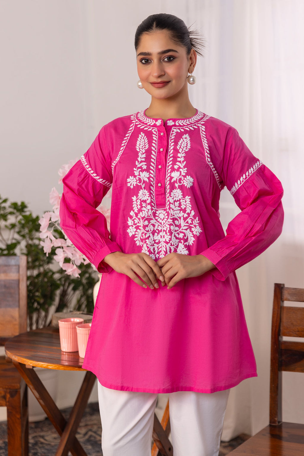 Cotton Chikankari Short Kurta - Pink