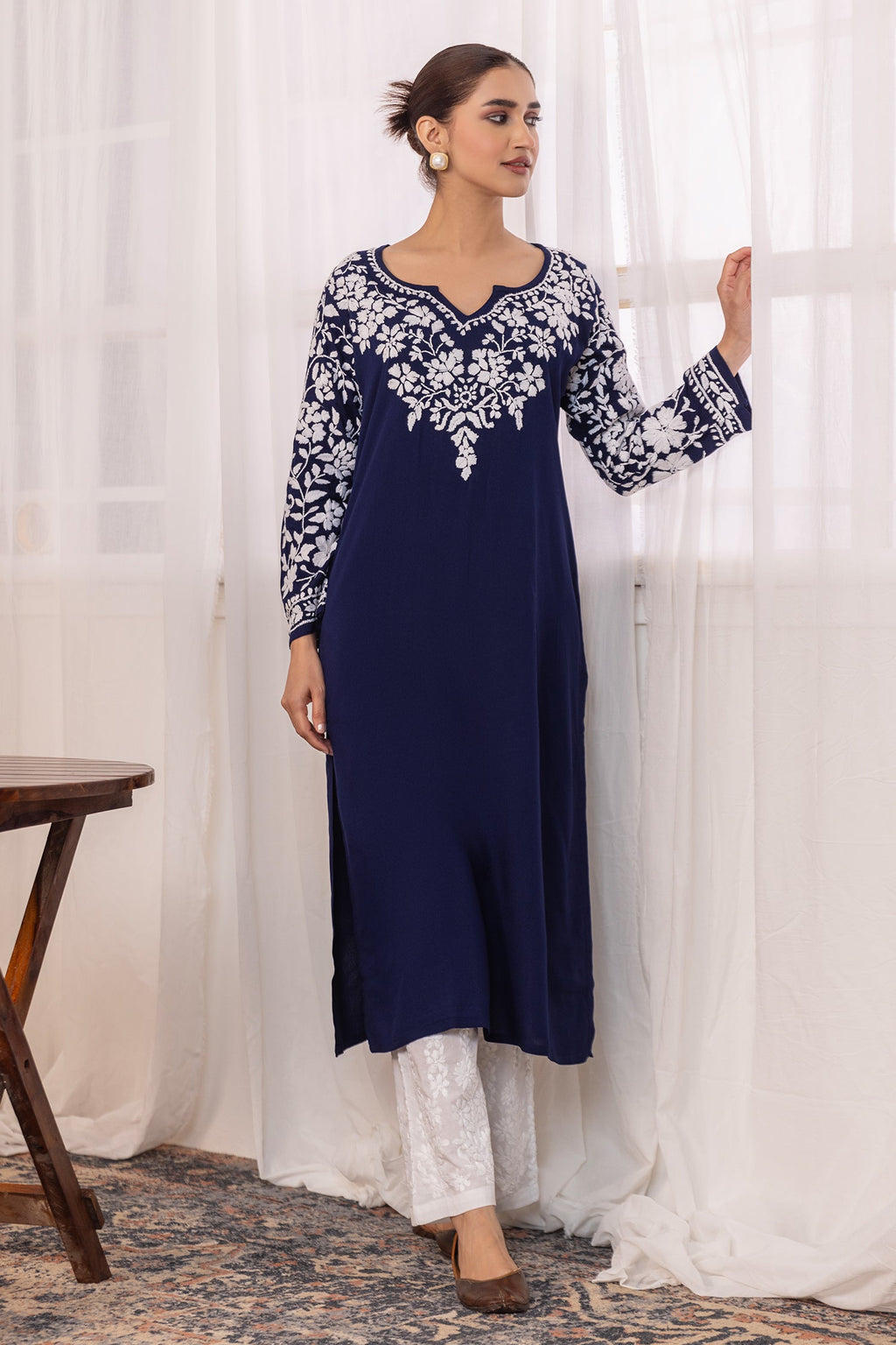 Rayon Chikankari Long Kurta - Navy Blue