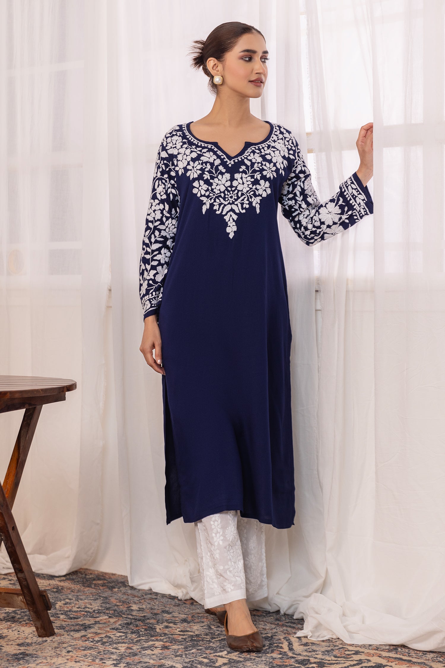 Rayon Chikankari Long Kurta - Navy Blue
