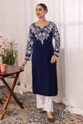 Rayon Chikankari Long Kurta - Navy Blue
