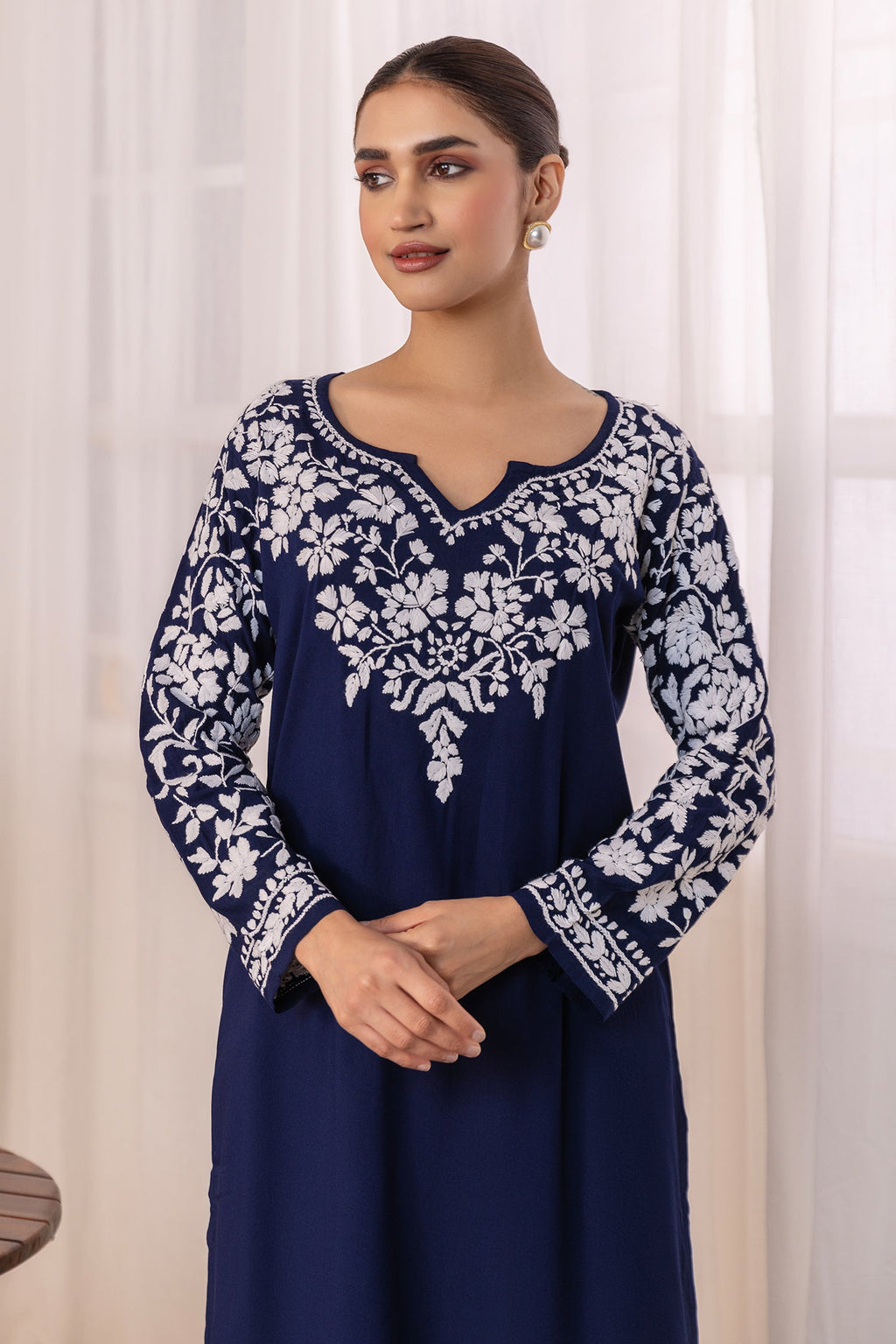 Rayon Chikankari Long Kurta - Navy Blue